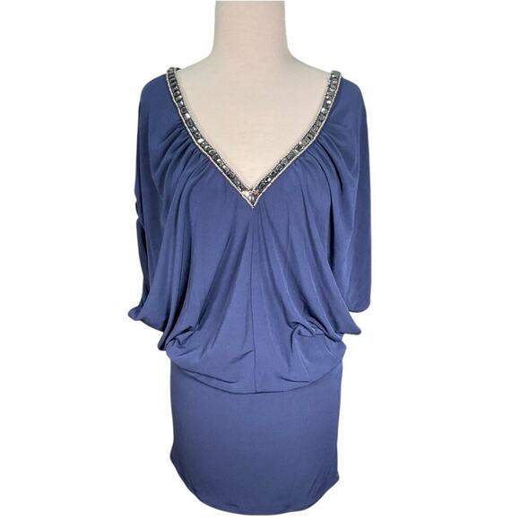 Vintage Moda International Navy Blue Dress 90's Size Medium V-Neck Low Back - Picture 1 of 16